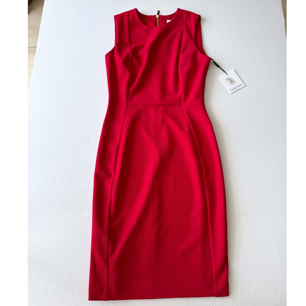 Calvin Klein Red Sheath Dress Womens 2 Sleeveless Gold Zipper CD6C1A00 NWT